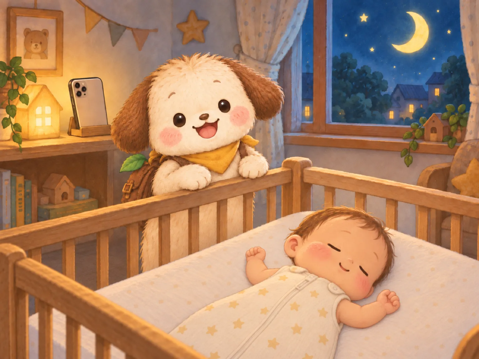 夜の子ども部屋。スリーパーを着てあおむけで眠る赤ちゃんを、棚のスタンドに立てた iPhone とポテが見守っている
