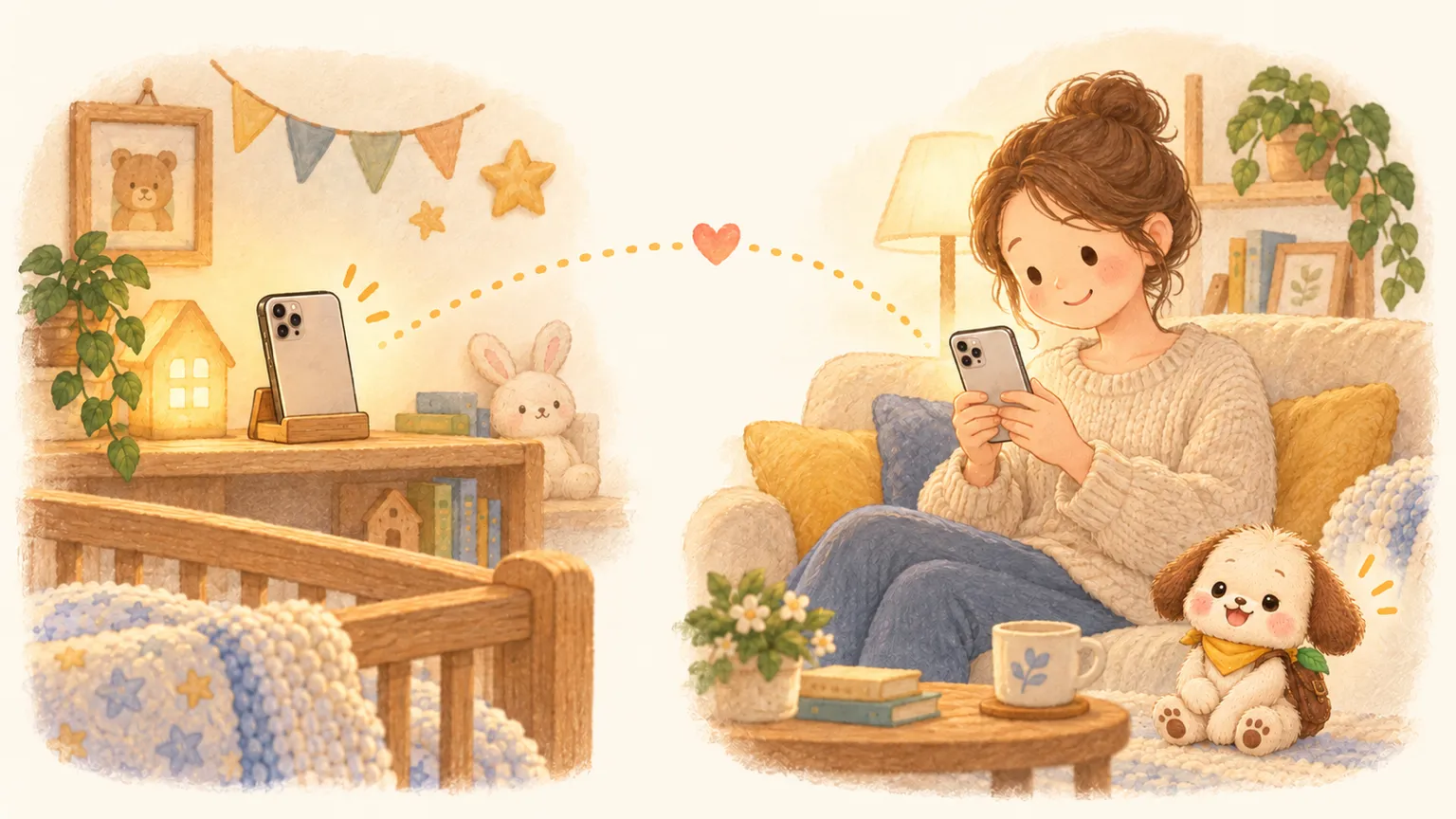 子ども部屋の棚に立てた iPhone と、ソファでもう 1 台の iPhone を見るママ