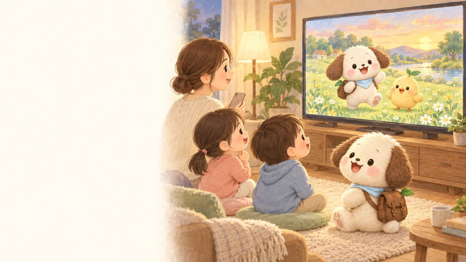 居間のテレビに絵本のページが大きく映り、子どもたちが見上げている